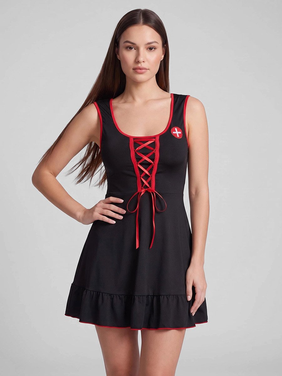 Black Lace-Up Detail Babydoll with Thong