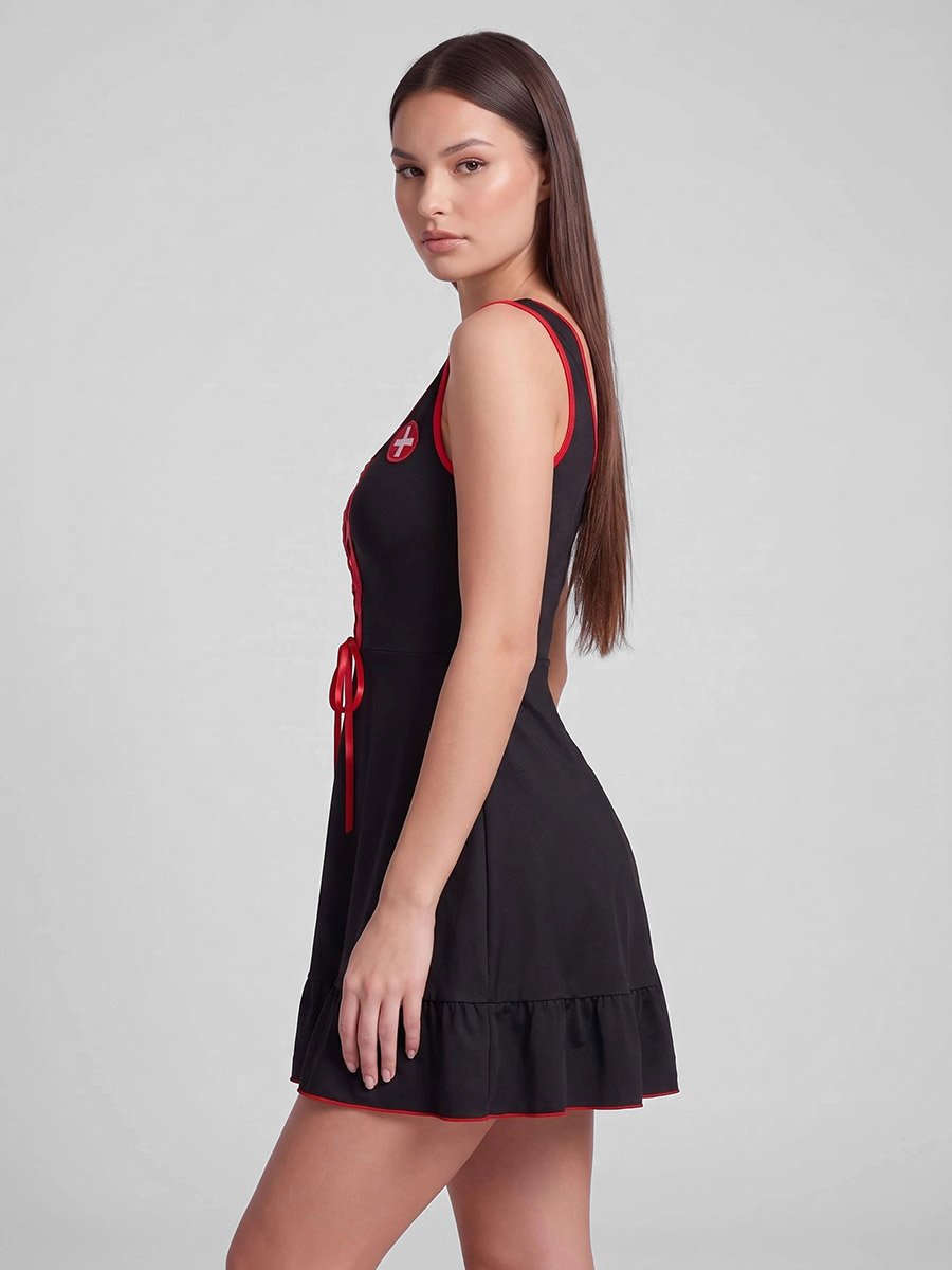 Black Lace-Up Detail Babydoll with Thong
