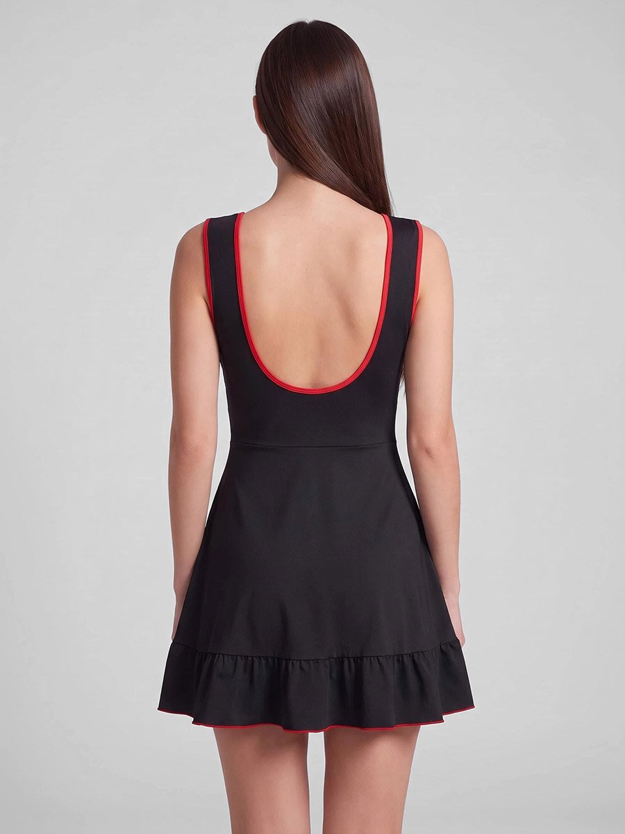Black Lace-Up Detail Babydoll with Thong