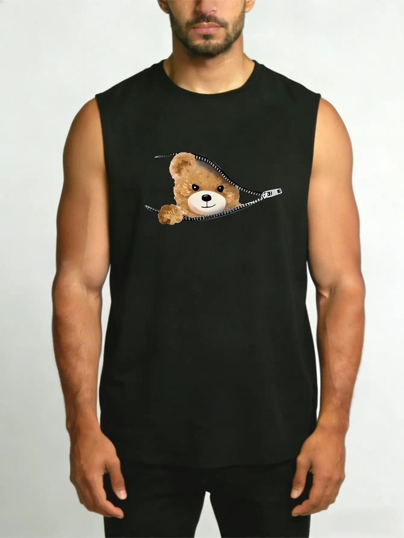 Men Black Teddy Bear Graphic Print Tank