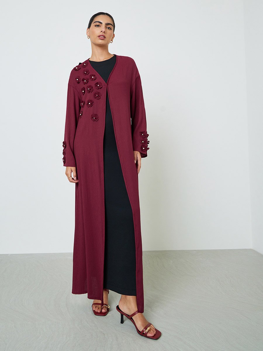 Burgundy Embroidered Floral Abaya
