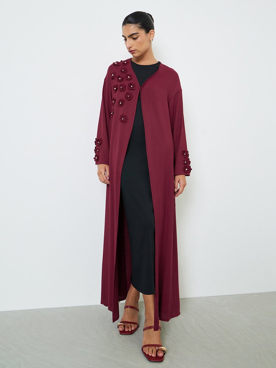 Burgundy Embroidered Floral Abaya