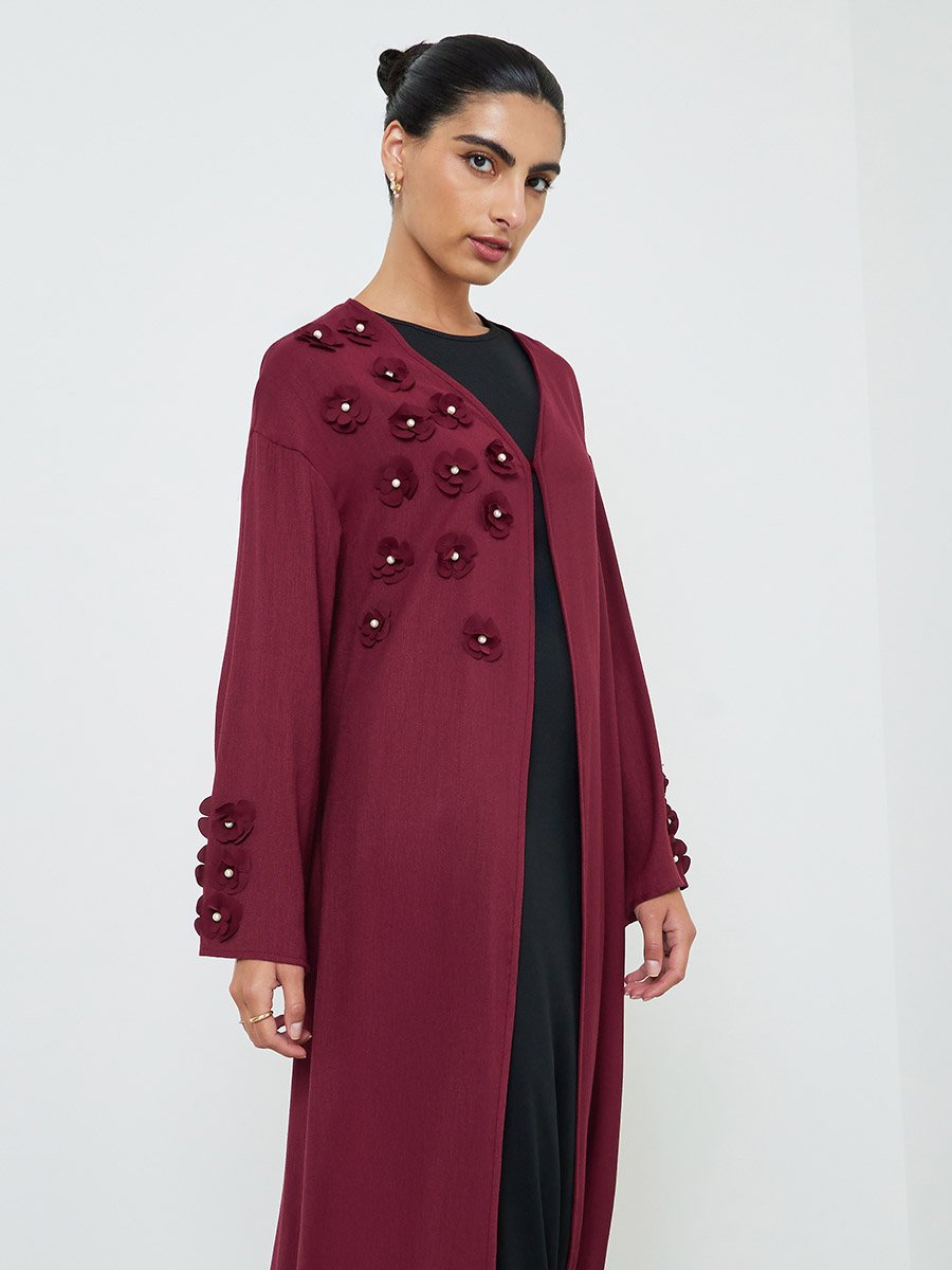Burgundy Embroidered Floral Abaya