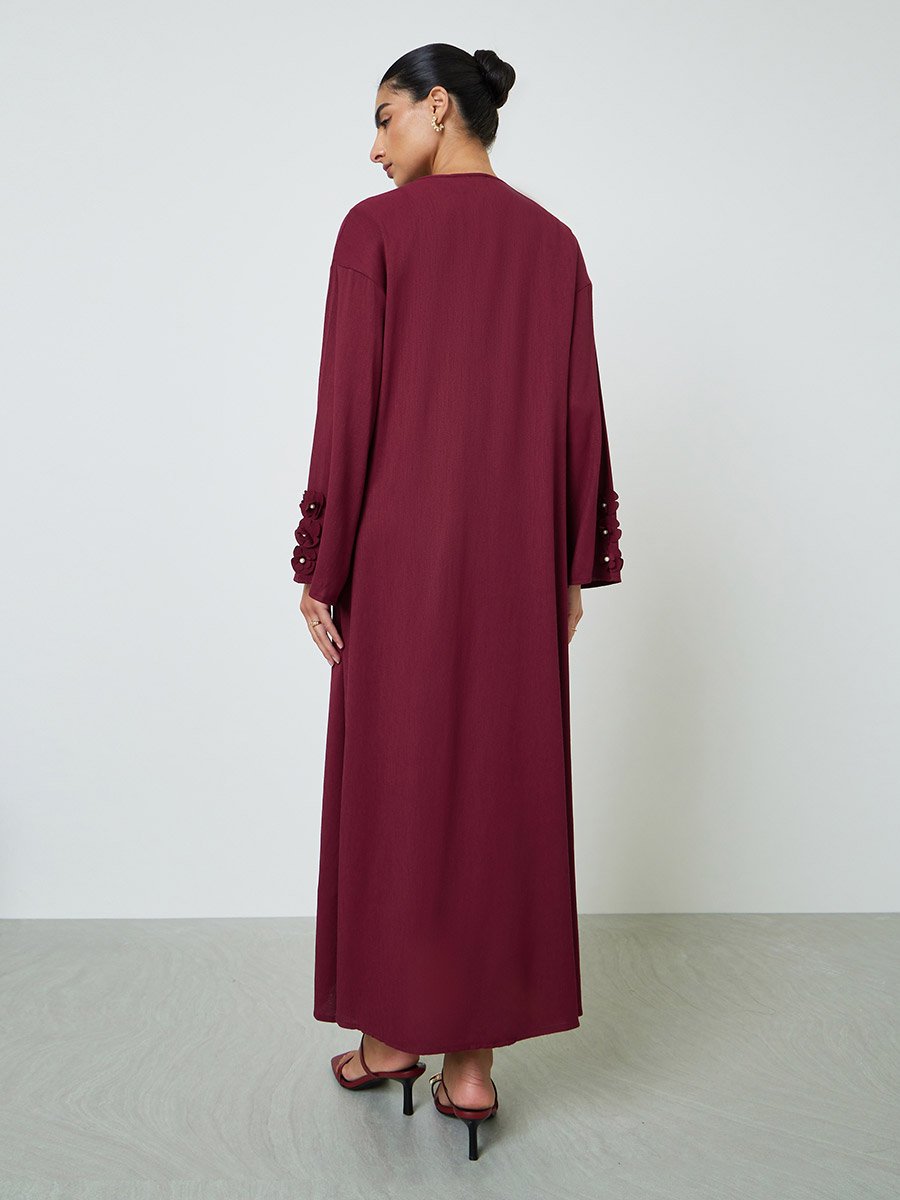 Burgundy Embroidered Floral Abaya