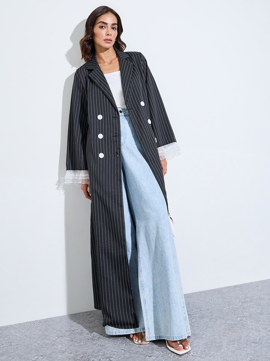 Black Striped Double Breasted Abaya with Lace Cuffs