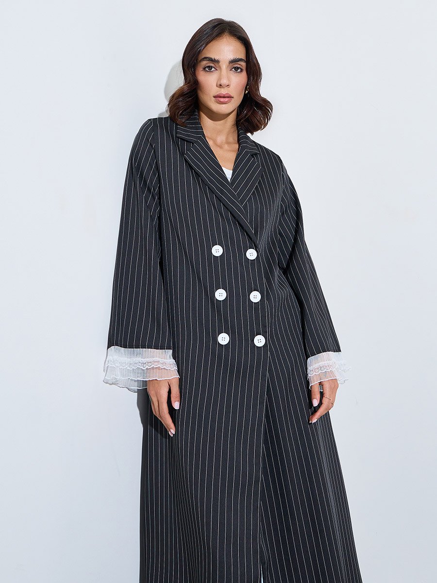 Black Striped Double Breasted Abaya with Lace Cuffs