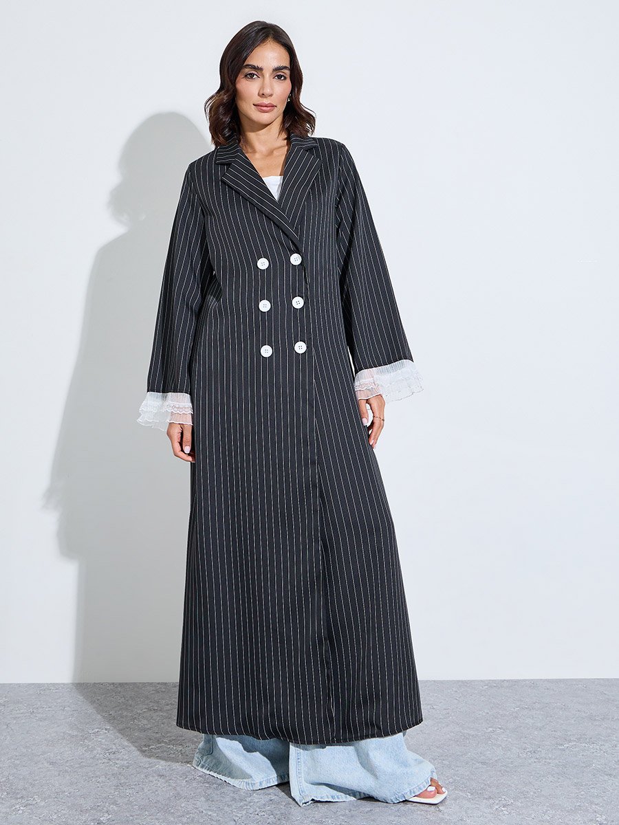 Black Striped Double Breasted Abaya with Lace Cuffs