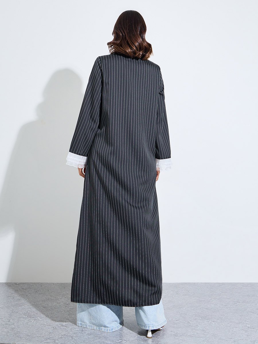 Black Striped Double Breasted Abaya with Lace Cuffs