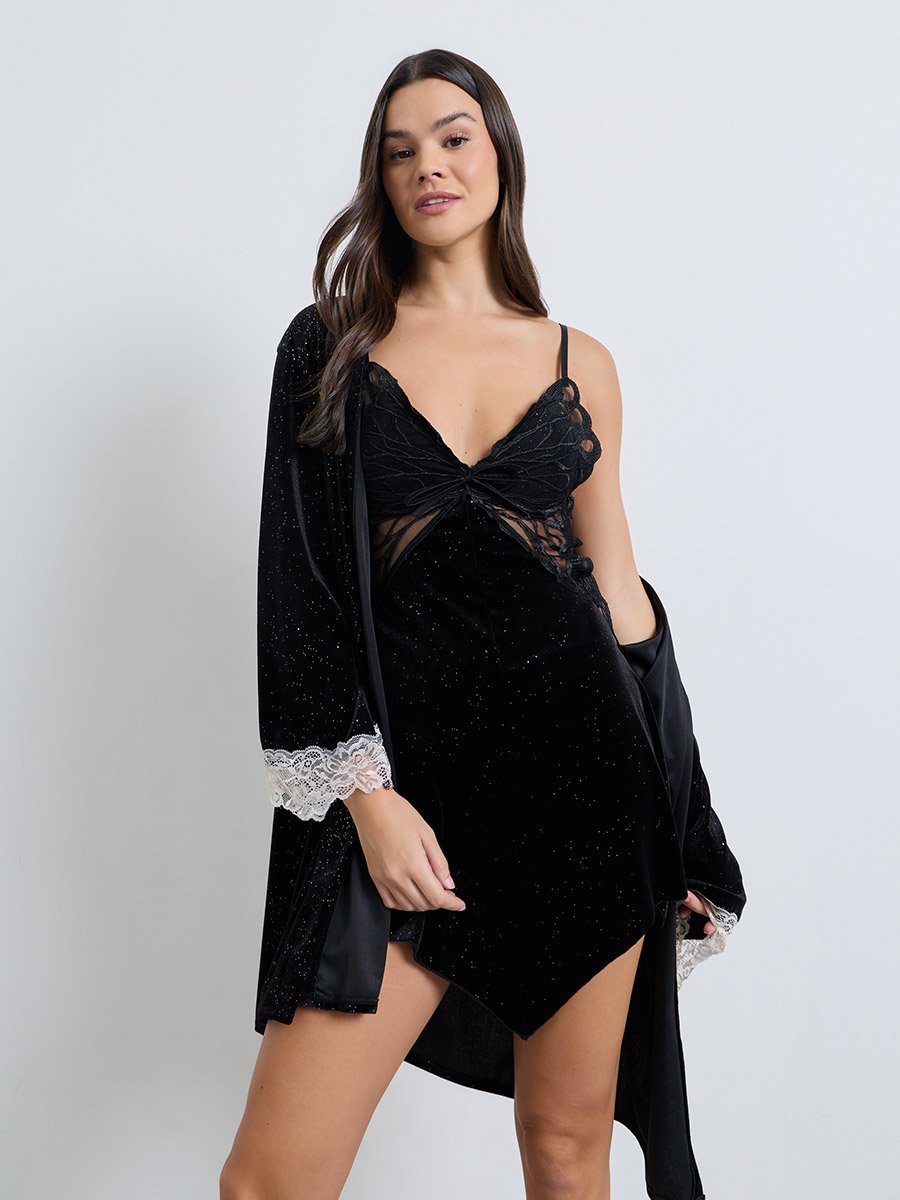 Black Velvet Shimmer Babydoll with Butterfly Pattern, Handkerchief Hem and Robe Set