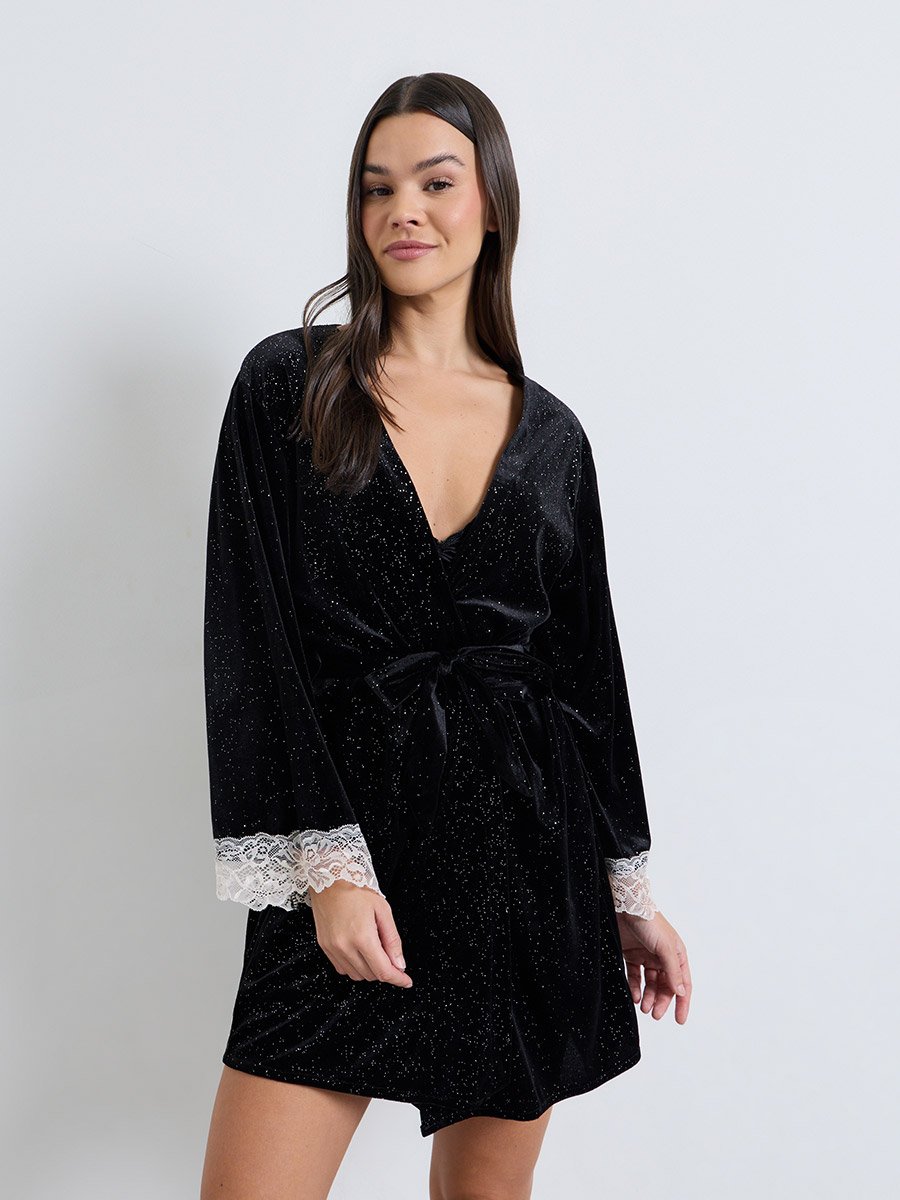 Black Velvet Shimmer Babydoll with Butterfly Pattern, Handkerchief Hem and Robe Set