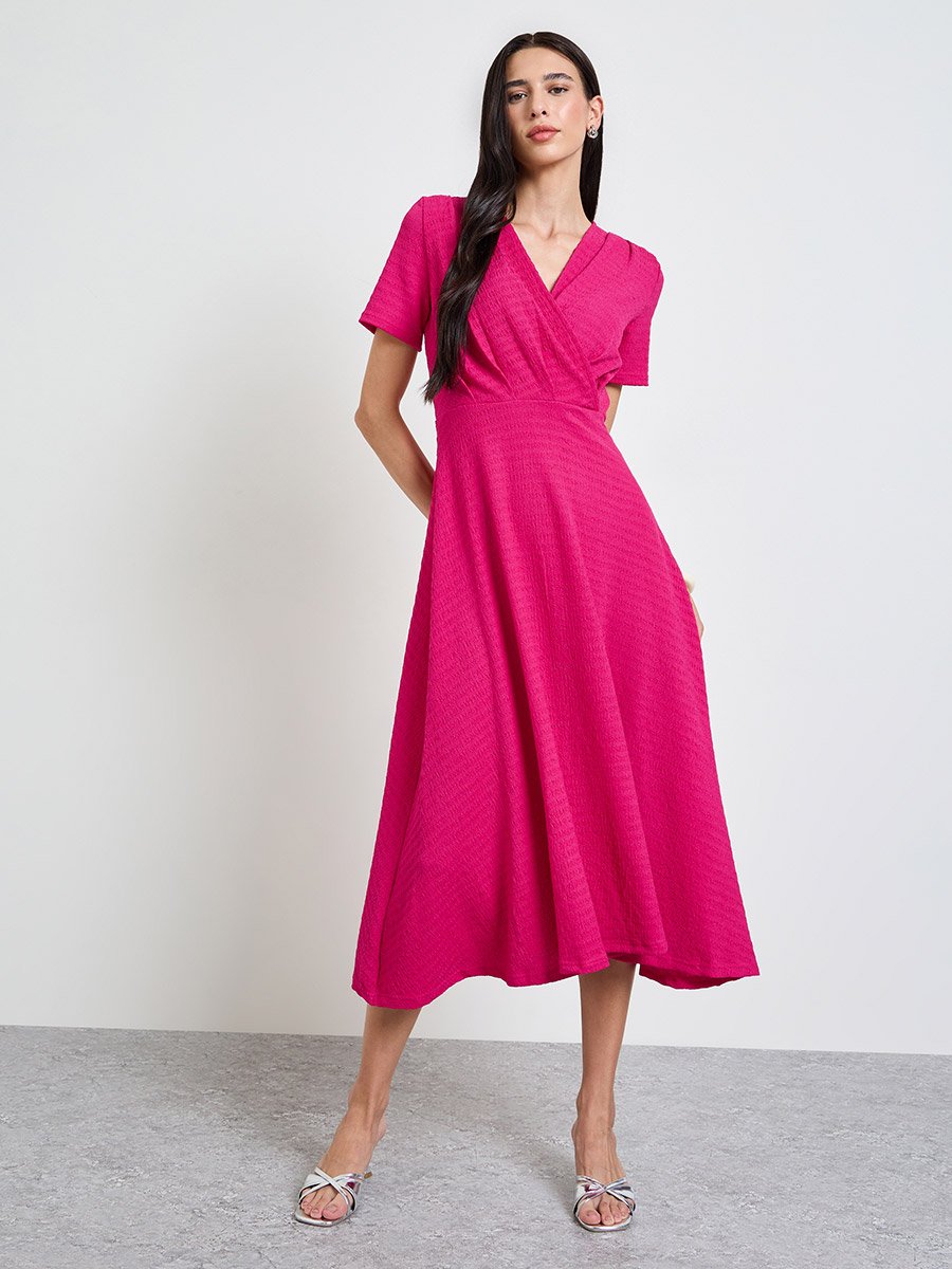 Pink Textured V Neck A-Line Midi Dress