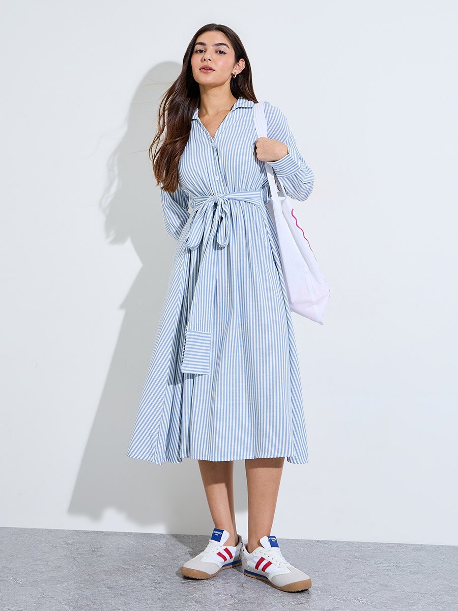 Light Blue Striped Midi Shirt Dress with Tie Waist