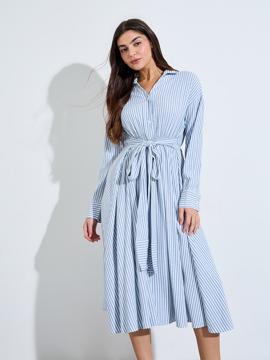 Light Blue Striped Midi Shirt Dress with Tie Waist