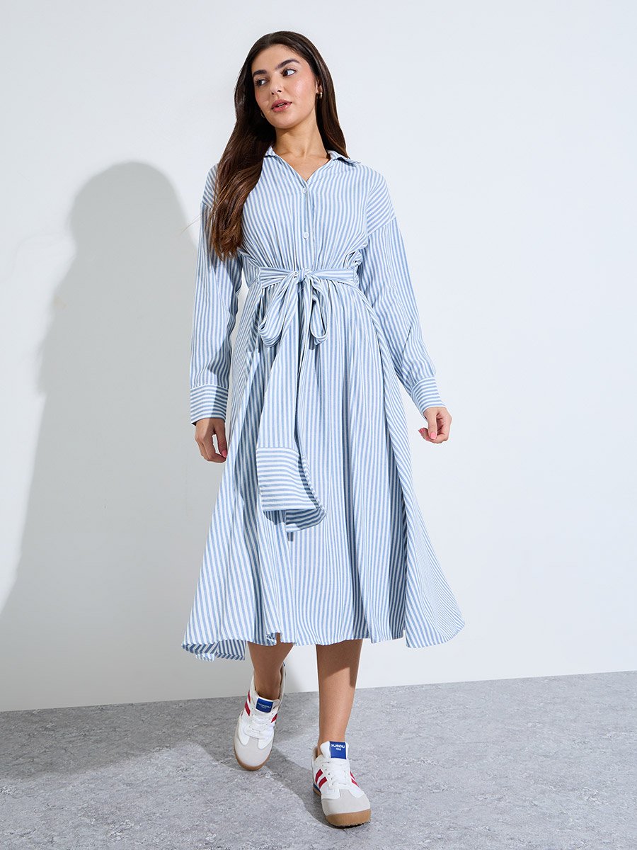 Light Blue Striped Midi Shirt Dress with Tie Waist