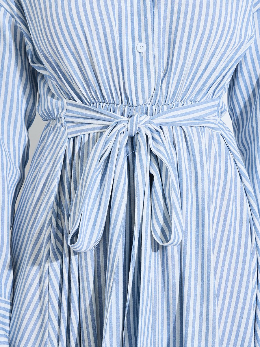 Light Blue Striped Midi Shirt Dress with Tie Waist