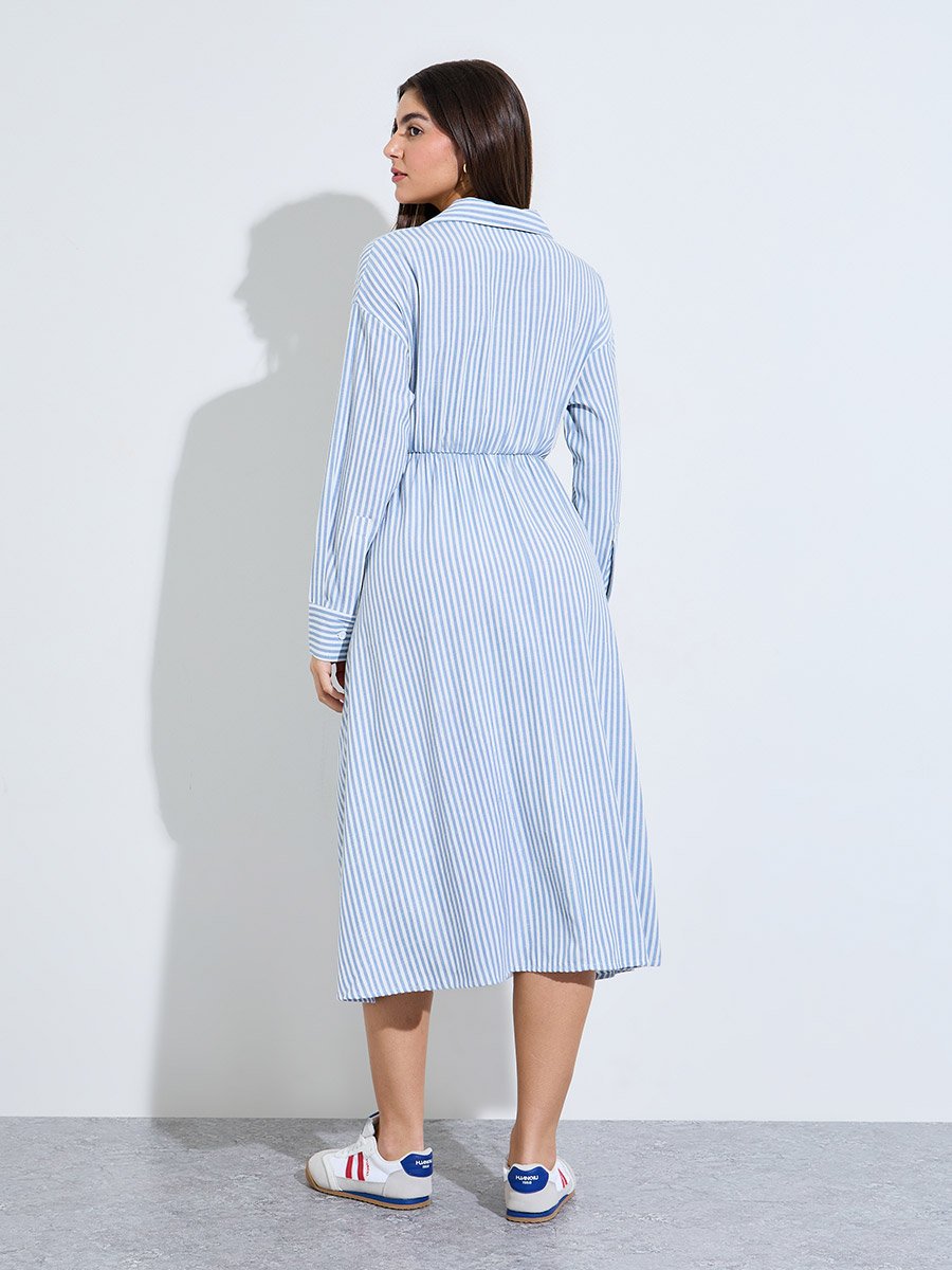 Light Blue Striped Midi Shirt Dress with Tie Waist