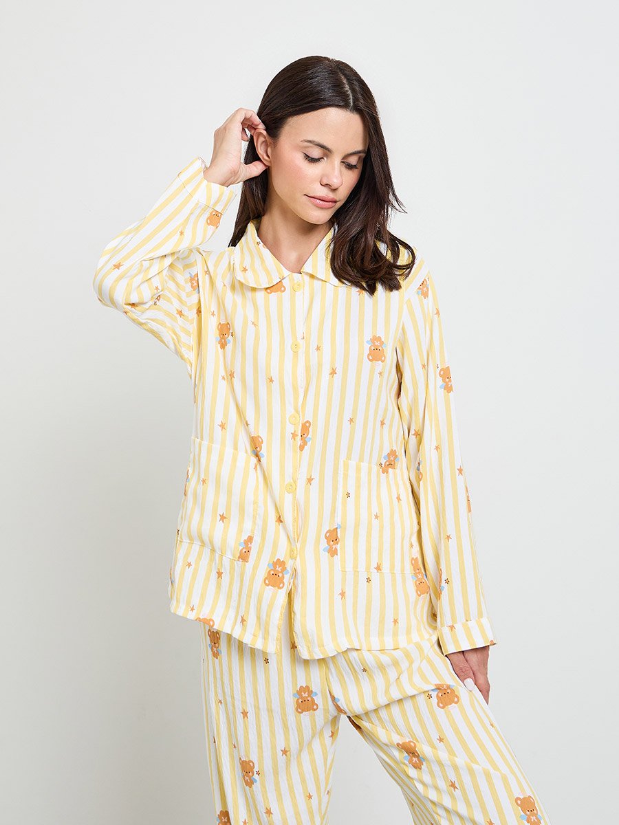 Yellow Bear Striped Print Shirt and Pyjama Set