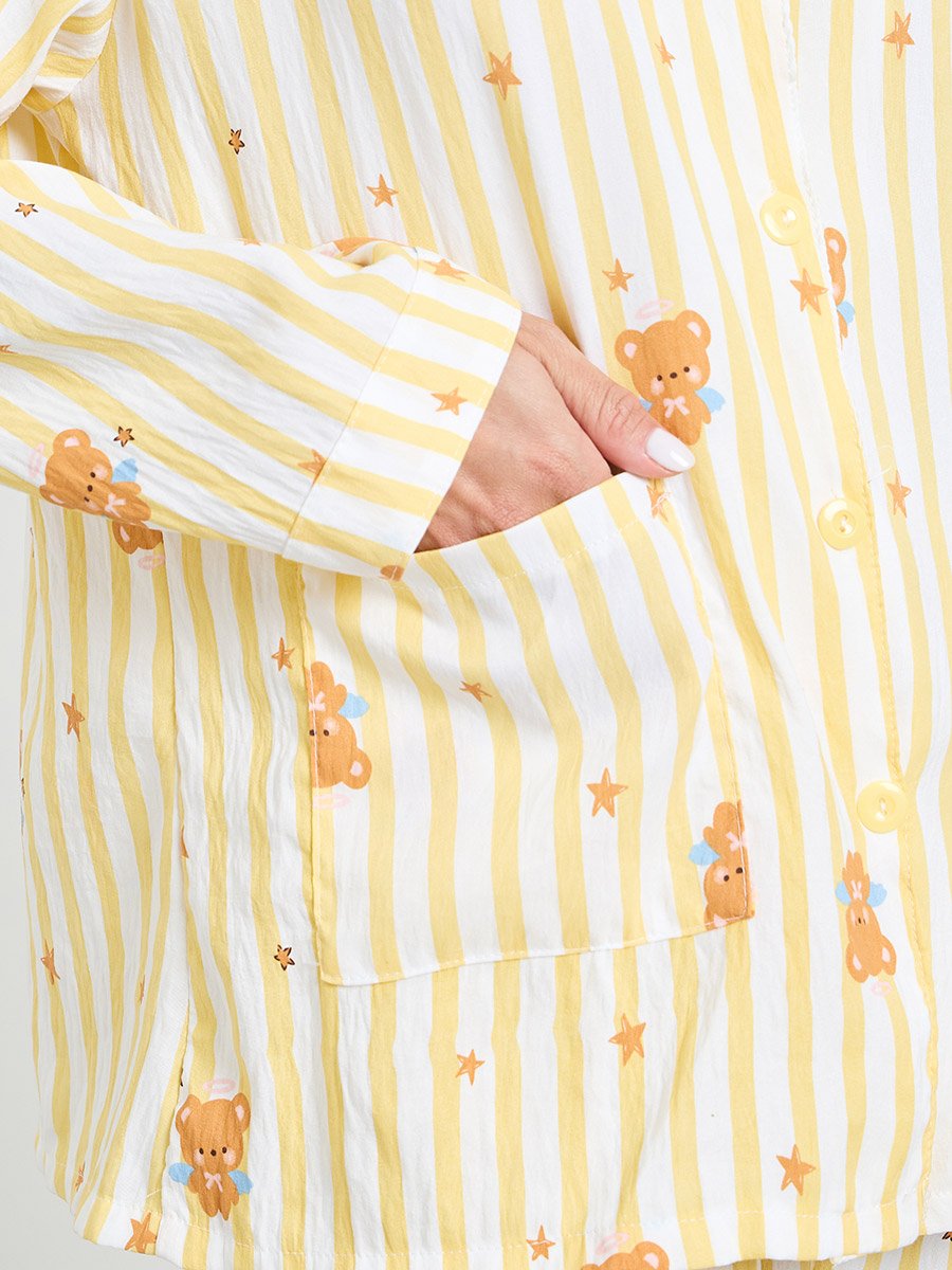 Yellow Bear Striped Print Shirt and Pyjama Set