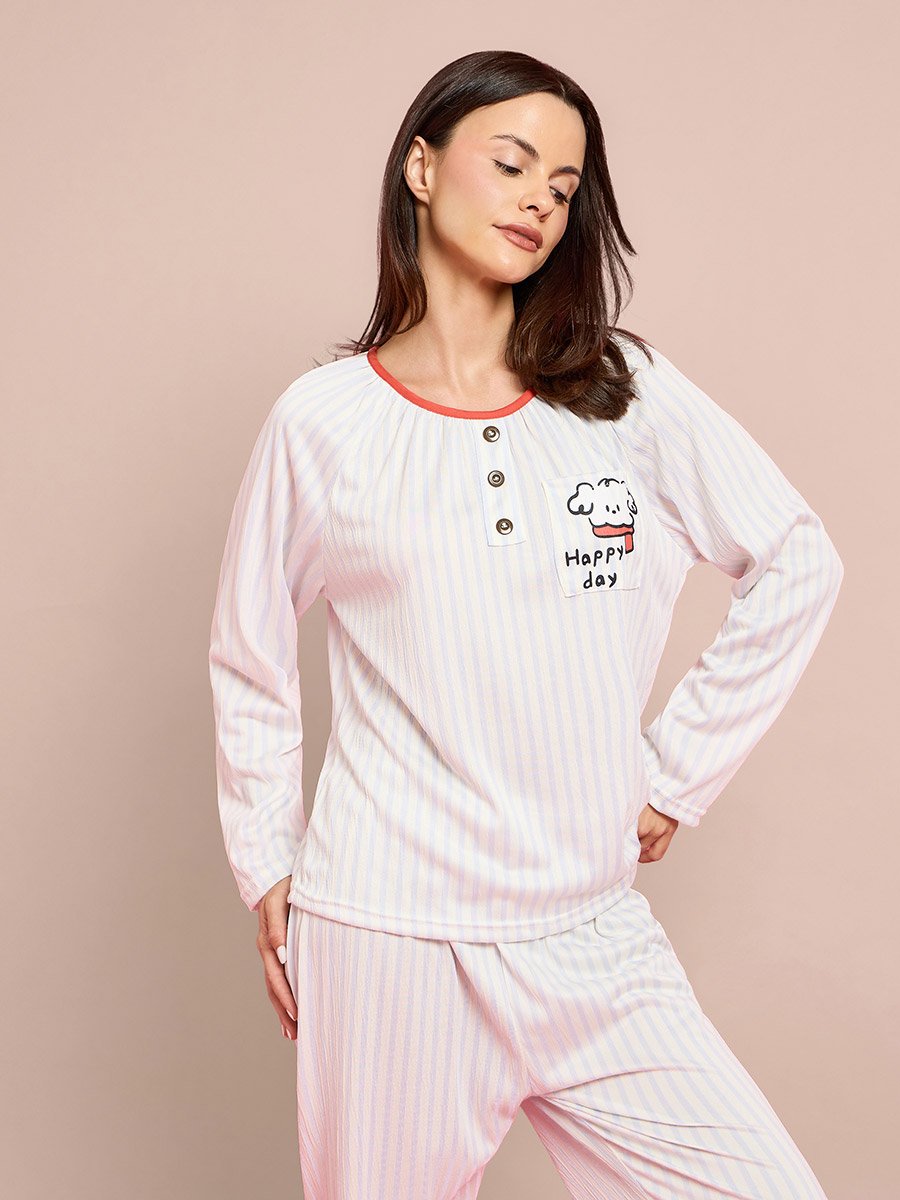 Pink Striped Button Placket Top and Pyjama Set