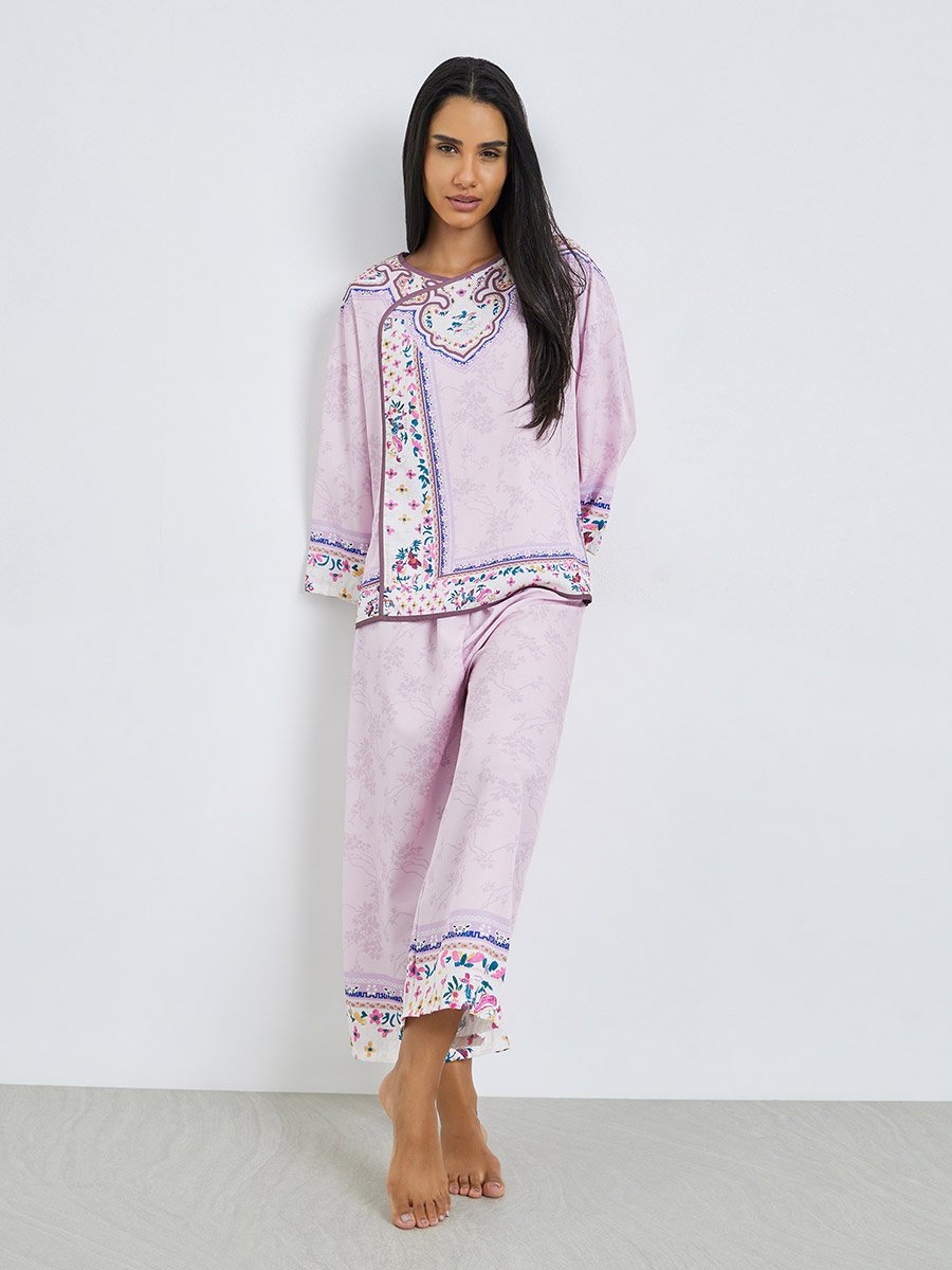 Lilac Floral Print Long Sleeve Top and Pyjama Set