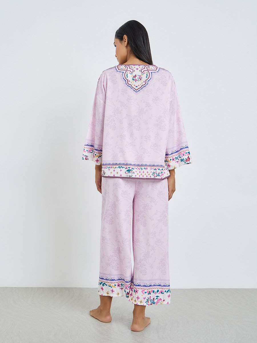 Lilac Floral Print Long Sleeve Top and Pyjama Set