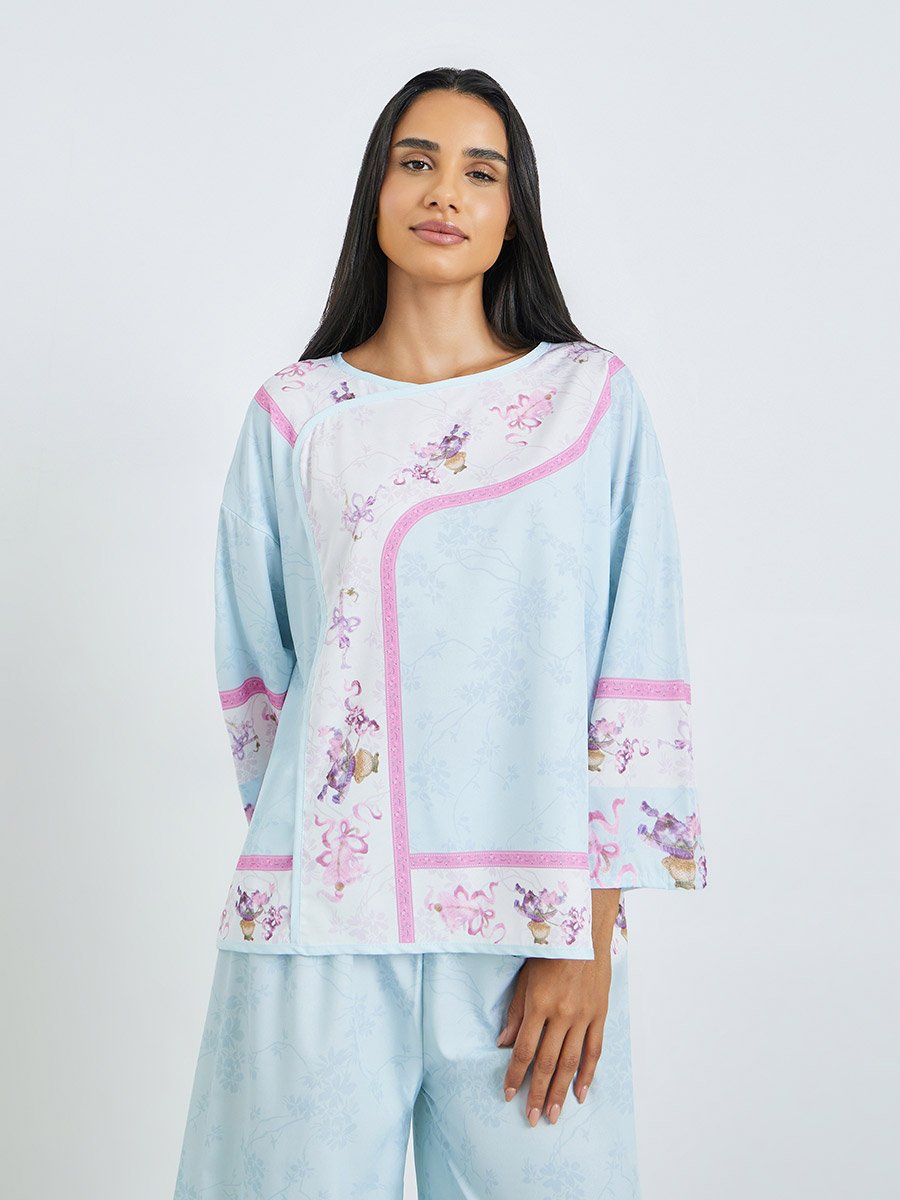 Blue Floral Print Long Sleeve Top and Pyjama Set