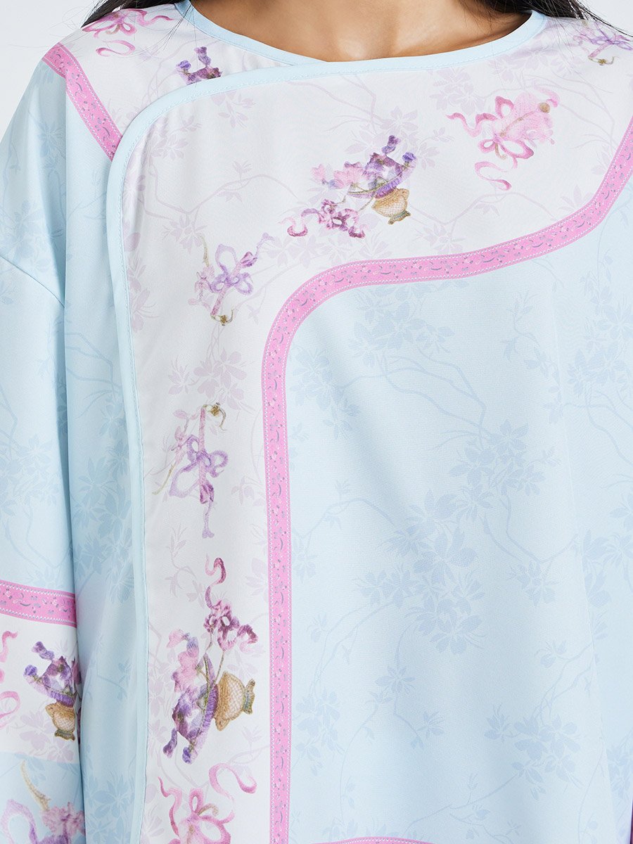Blue Floral Print Long Sleeve Top and Pyjama Set