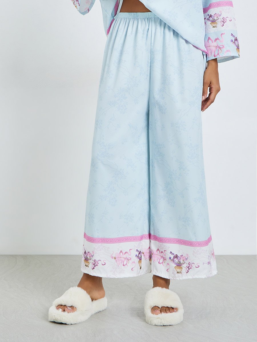 Blue Floral Print Long Sleeve Top and Pyjama Set