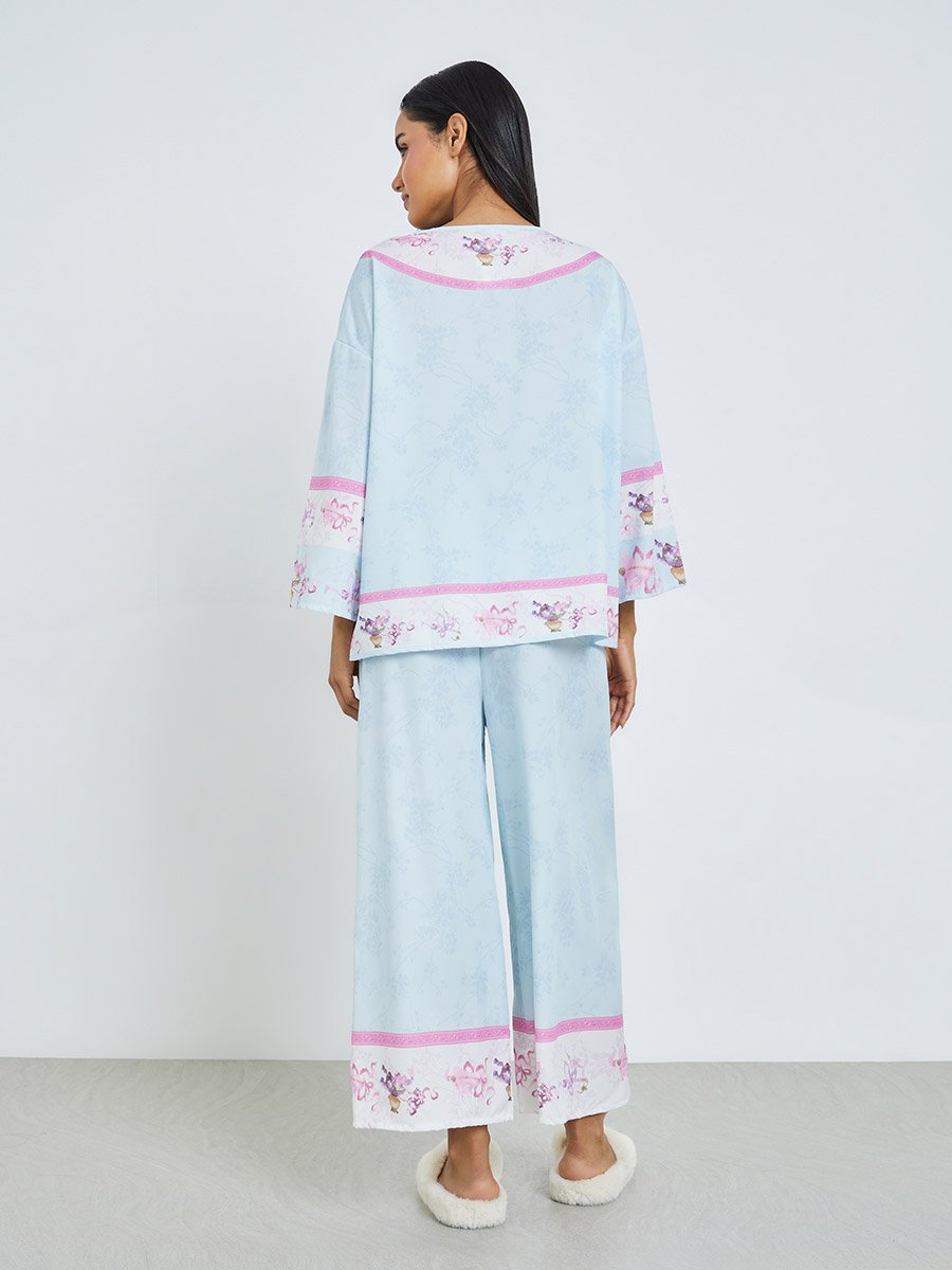 Blue Floral Print Long Sleeve Top and Pyjama Set