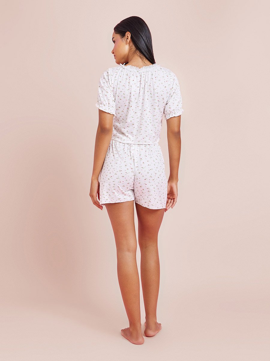 White Ditsy Print Lace Detail Top and Shorts Set