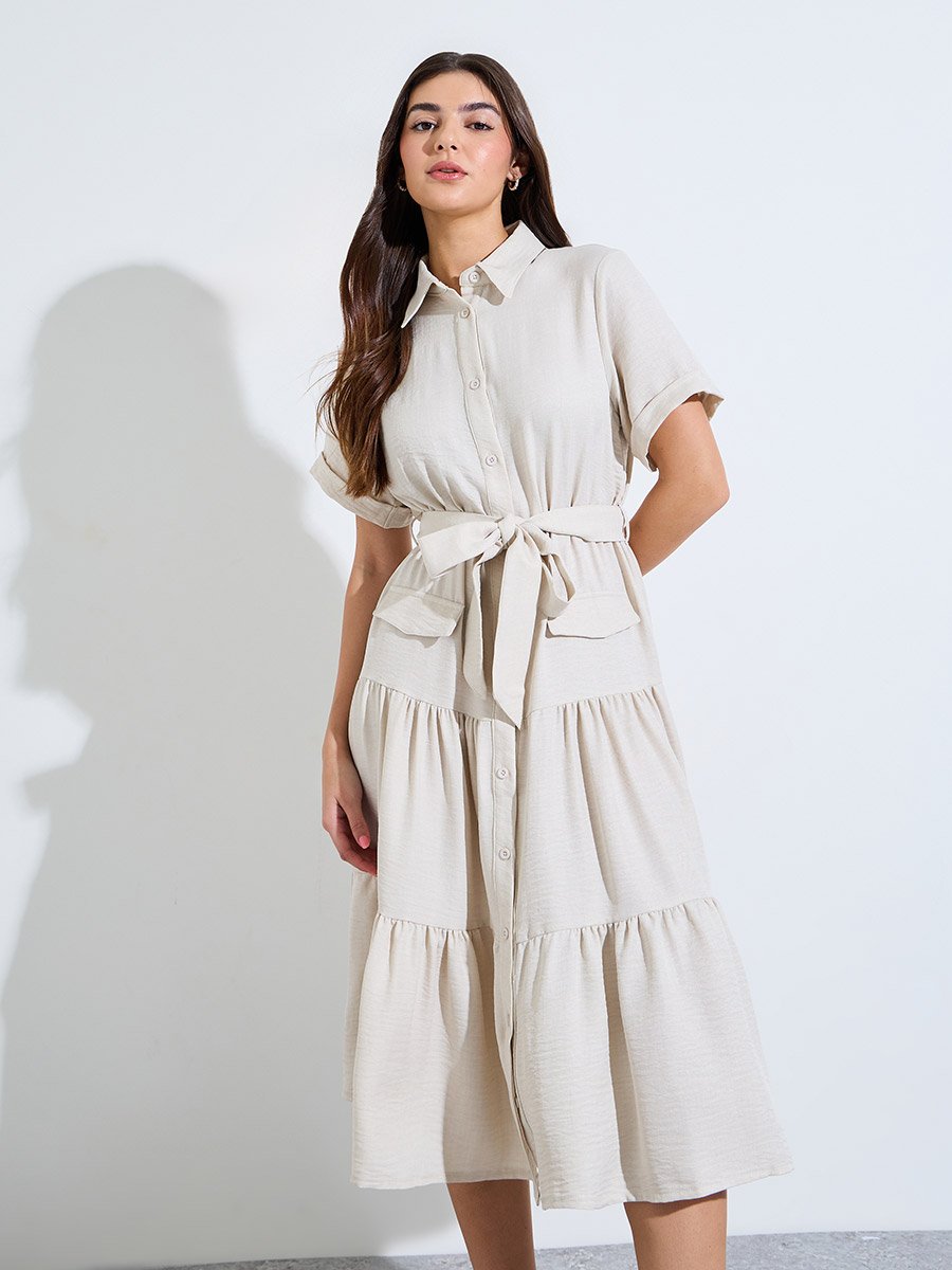 Beige Shirt Midi Dress with Tie-Belt