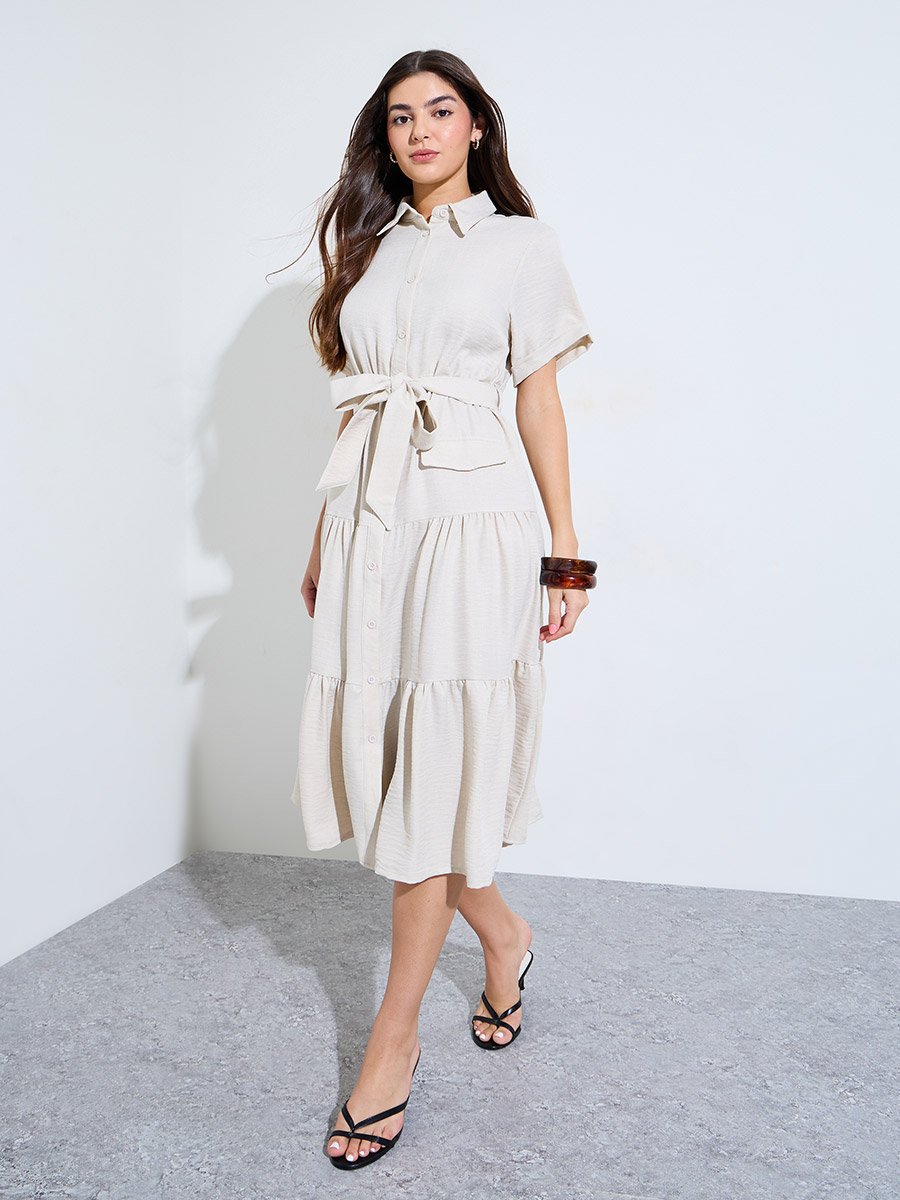 Beige Shirt Midi Dress with Tie-Belt