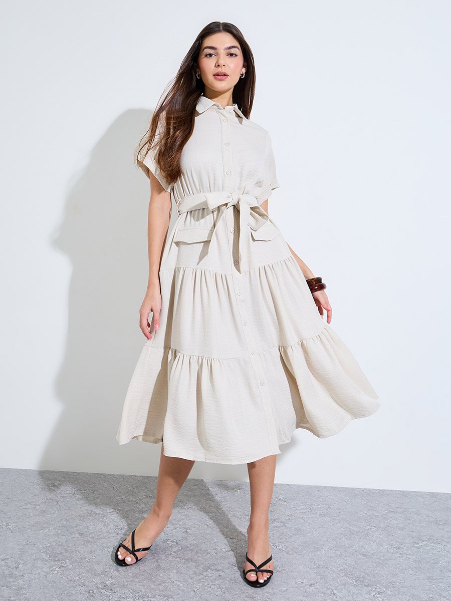 Beige Shirt Midi Dress with Tie-Belt