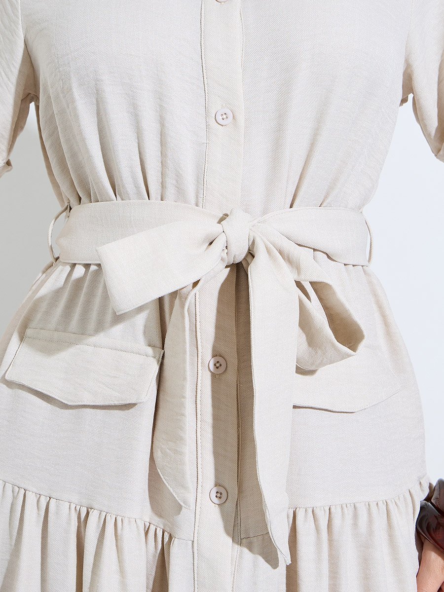 Beige Shirt Midi Dress with Tie-Belt