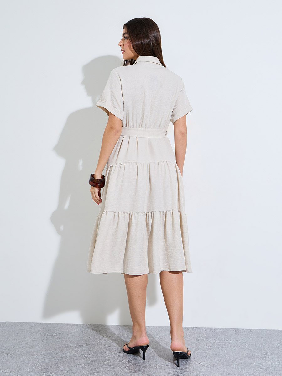 Beige Shirt Midi Dress with Tie-Belt