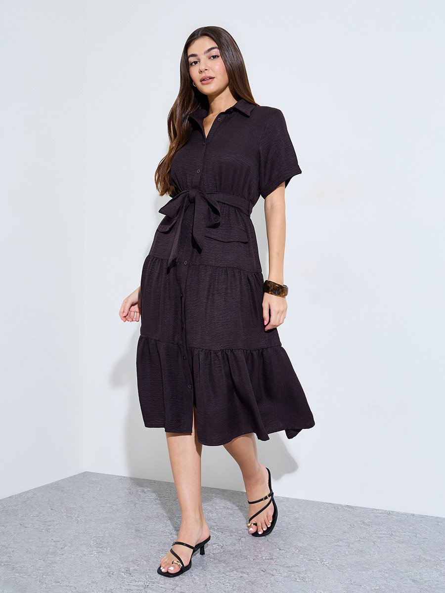 Brown Shirt Midi Dress with Tie-Belt