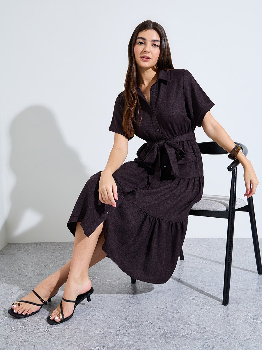 Brown Shirt Midi Dress with Tie-Belt
