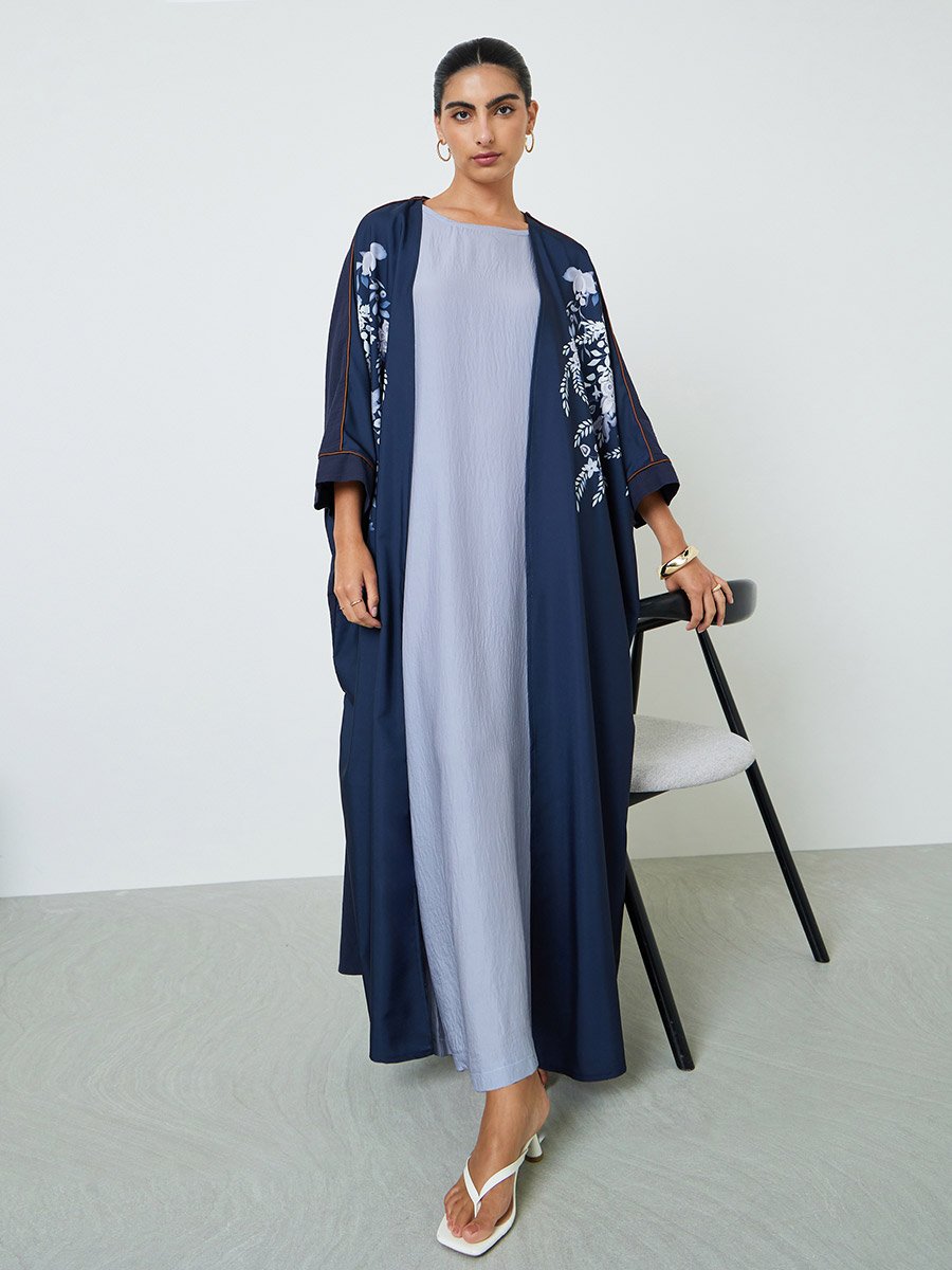 Navy Blue Floral Print Abaya