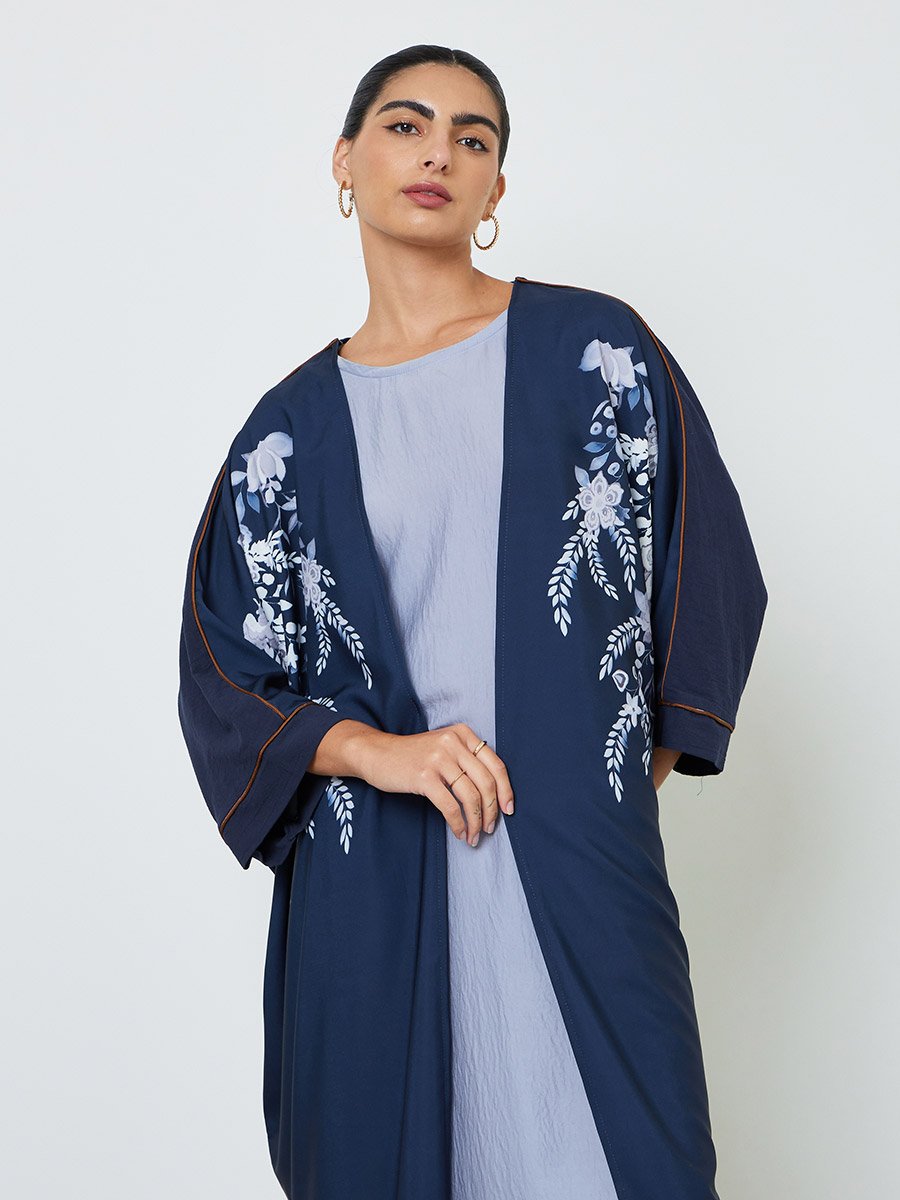 Navy Blue Floral Print Abaya