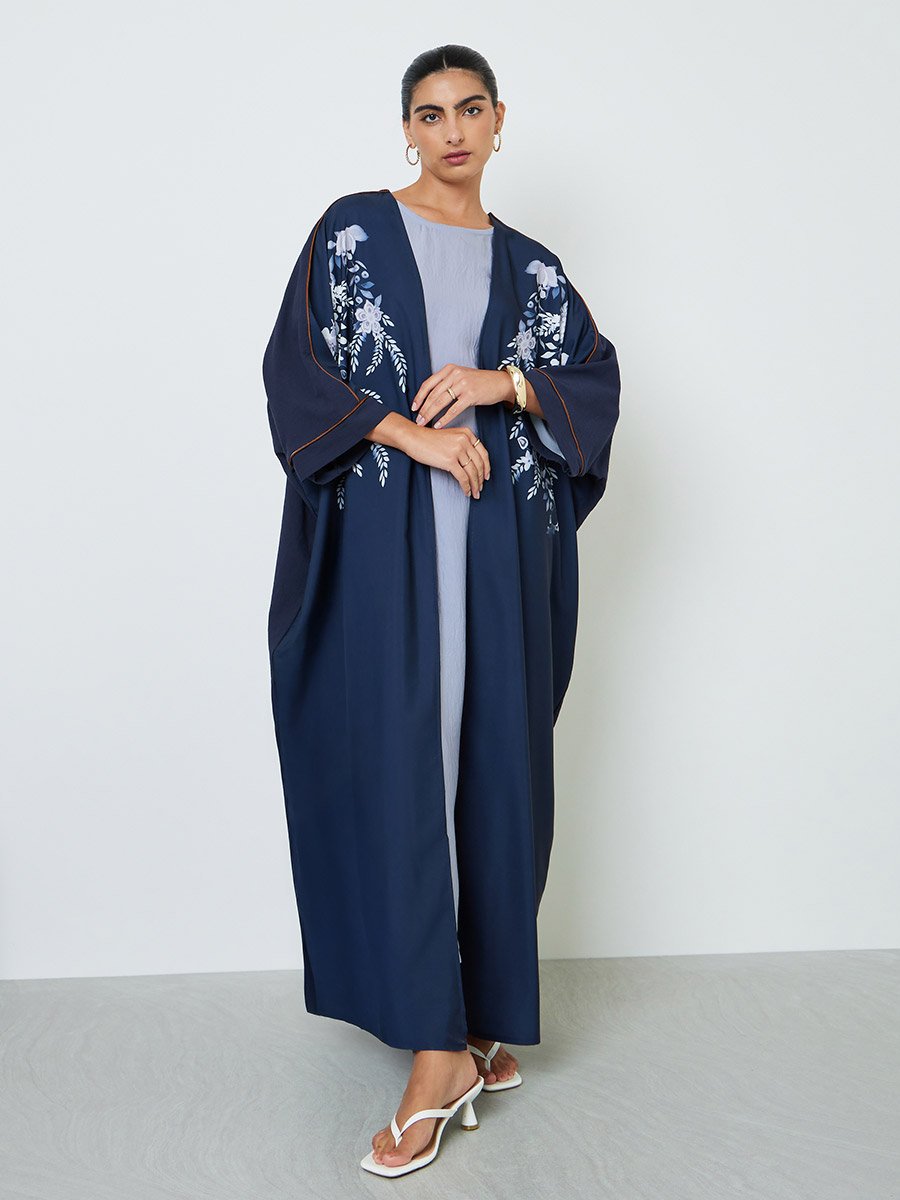 Navy Blue Floral Print Abaya