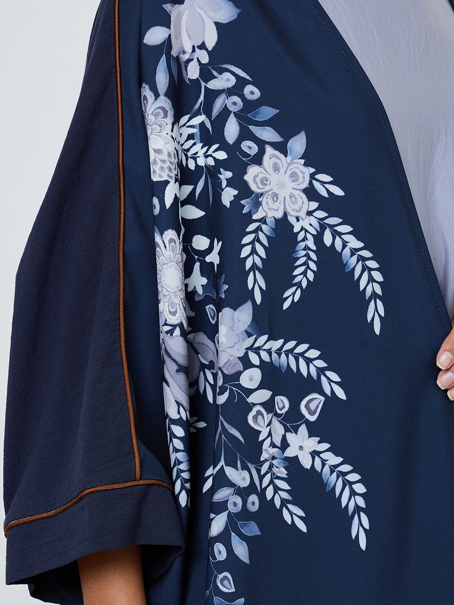 Navy Blue Floral Print Abaya