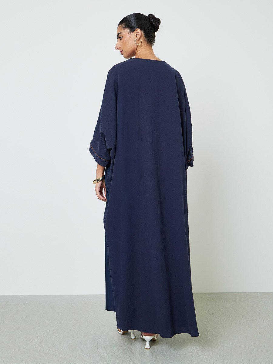Navy Blue Floral Print Abaya
