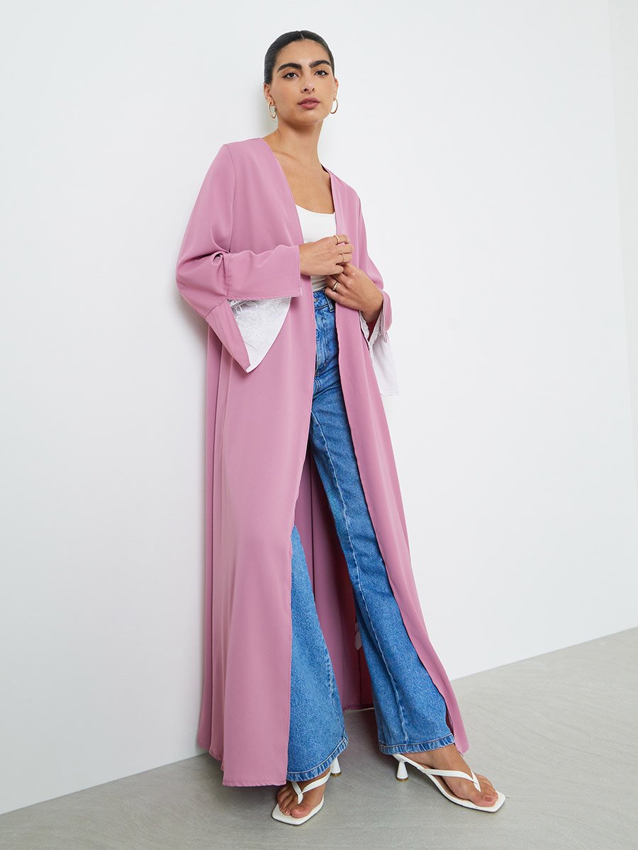 Pink Contrast Slit Sleeve Open Front Abaya