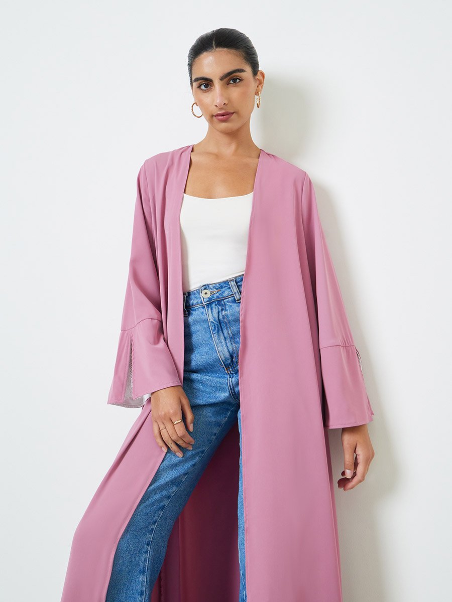 Pink Contrast Slit Sleeve Open Front Abaya