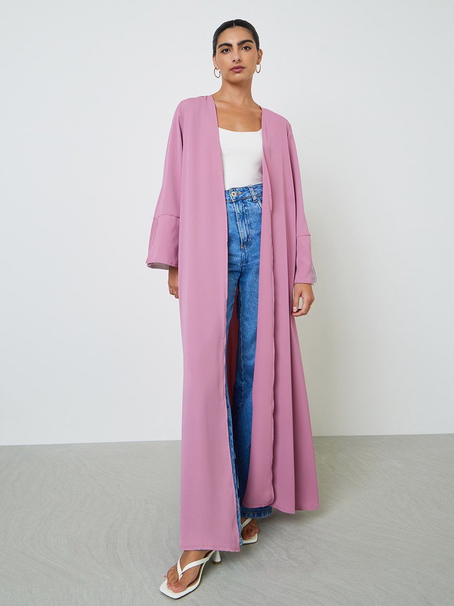 Pink Contrast Slit Sleeve Open Front Abaya