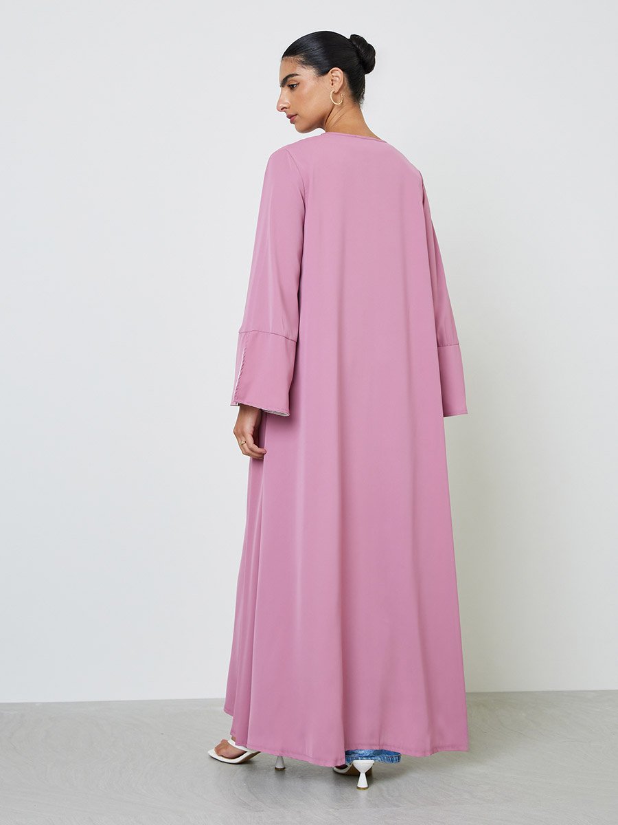 Pink Contrast Slit Sleeve Open Front Abaya