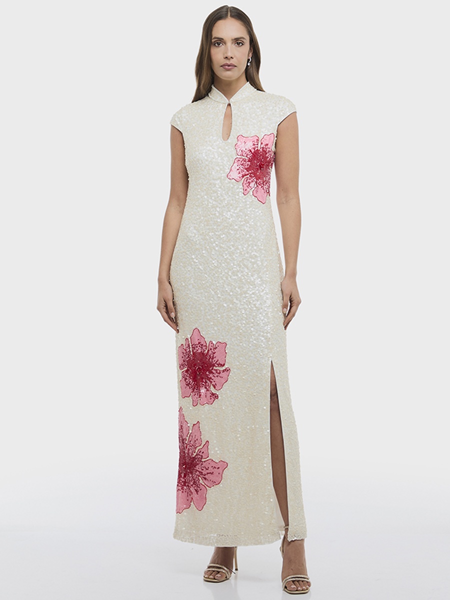 Sequin Embellished Keyhole Neck Sheath Maxi Dress