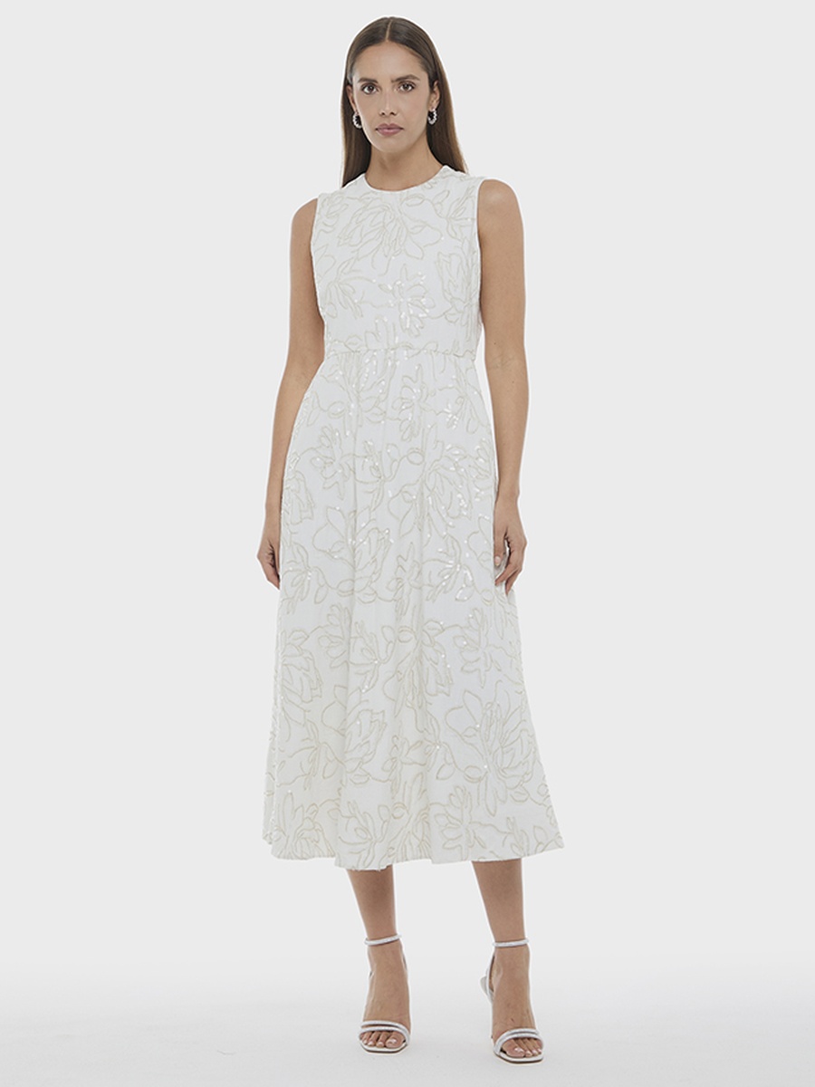 Embroidered Sleevless A-Line Midi Dress