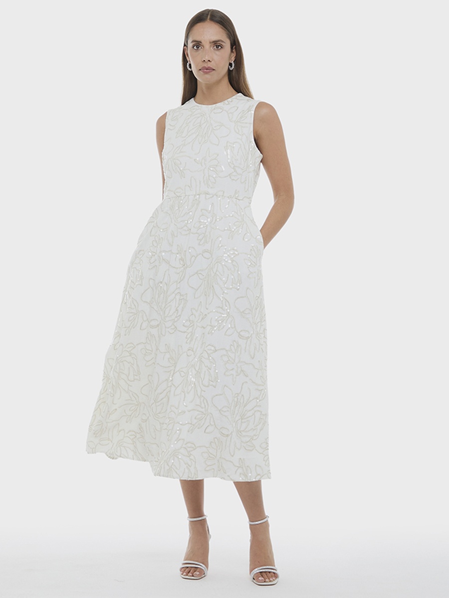 Embroidered Sleevless A-Line Midi Dress