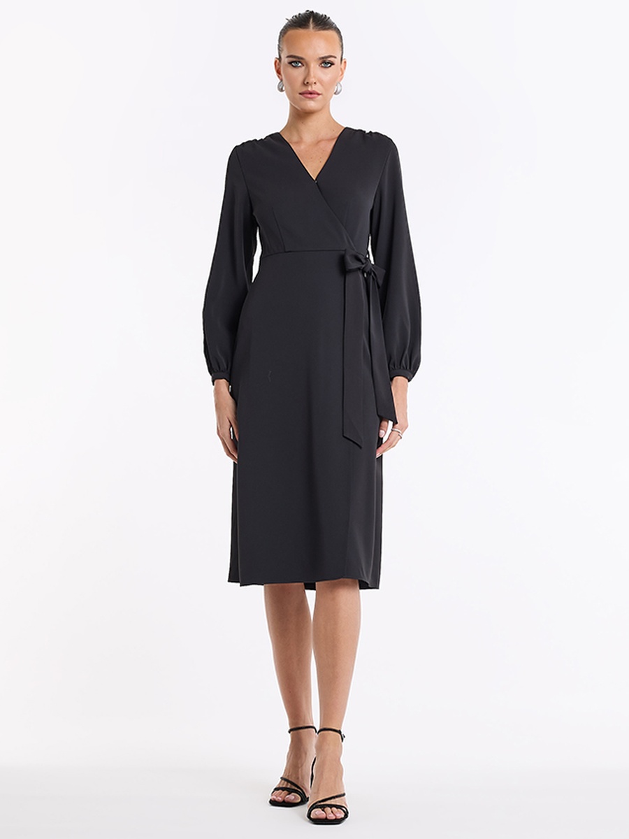 Solid Long Sleeves Wrap Midi Dress